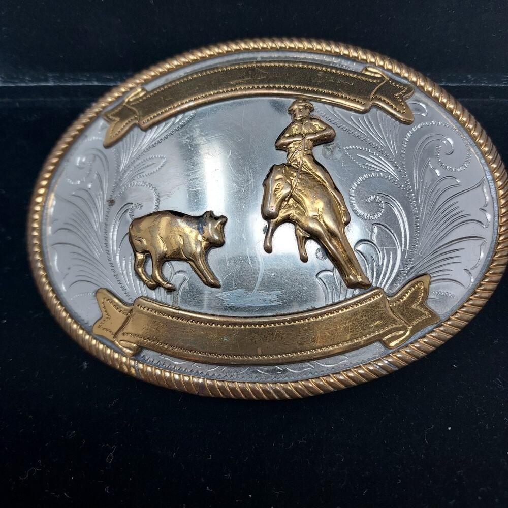 Nickel Silver Rodeo Belt Buckle Calf Roping 4" X 3"